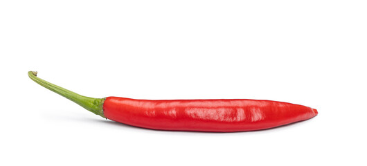 Bright red chili pepper on a clean white background showing its vibrant color. Side view.