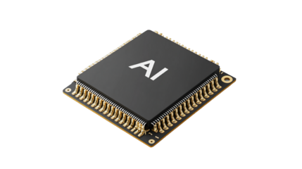 Artificial intelligence powered microchip processor on black background concept