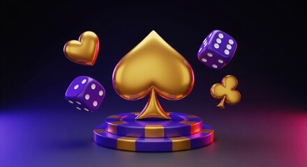 3D render of a golden Spade icon and casino elements floating above purple poker chips