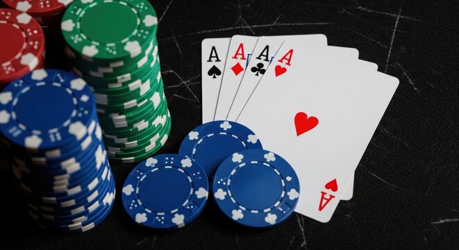 Close-up of a winning poker hand of four aces next to colorful casino chip stacks on a dark table.