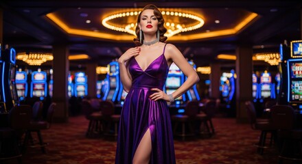 Fototapeta premium Glamorous woman in a sparkling purple evening dress standing in a luxurious casino setting