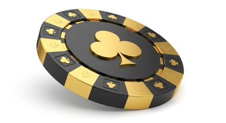Naklejka premium Luxurious black and gold casino poker chip with a club symbol isolated on white background