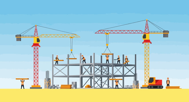 Construction site illustration with workers and cranes building a steel frame structure