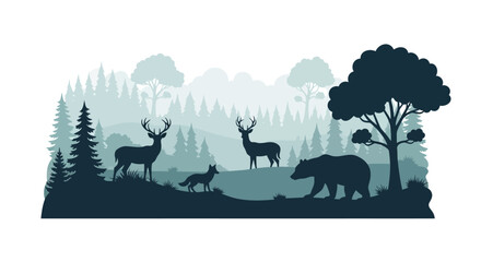 Silhouette illustration showcasing a diverse wildlife ensemble amidst a dense forest landscape © punduh