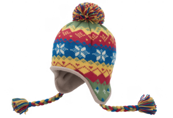 Colorful knitted winter hat with earflaps and pompom isolated on a transparent background