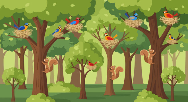 Delightful forest scene with birds nesting in trees and playful squirrels enjoying the outdoors