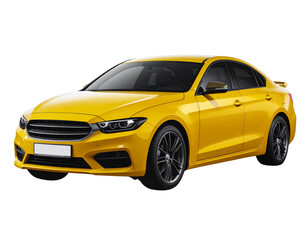 Three-Quarter Angle Yellow Car Highlighting Body Lines, Isolated on White Background