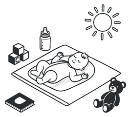 Obraz premium A sleeping baby on a playmat surrounded by a bottle, teddy bear, building blocks, and a book in black and white outline vector style, perfect for childcare themes
