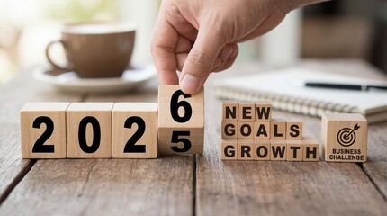 Hand changing 2025 to 2026 on wooden cubes