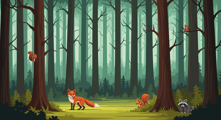 Enchanting woodland scene with fox, squirrels, and raccoon amidst tall trees