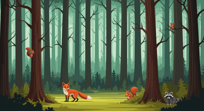 Enchanting woodland scene with fox, squirrels, and raccoon amidst tall trees