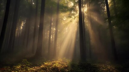 Sunlight streaming through tall trees in a forest, creating a play of light and shadows on the ground amidst foliage and undergrowth.