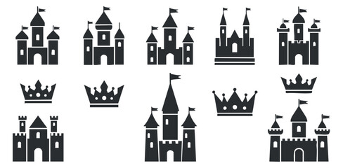 Fototapeta premium A collection of various castle and crown icons in black silhouette vector style, suitable for fantasy-themed designs and children's projects