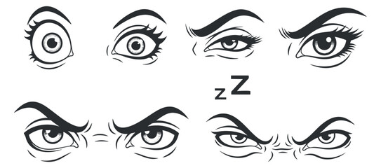 Fototapeta premium A set of expressive eyes showcasing various emotions in black and white vector style, perfect for graphic design and illustration projects