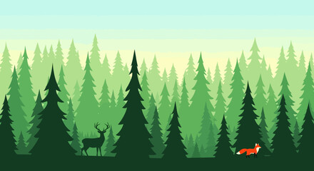 Lush evergreen forest illustration with silhouetted deer and fox in a serene scene © punduh