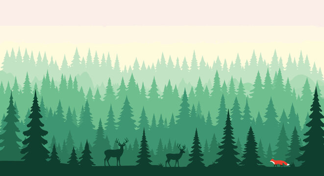 Tranquil forest landscape featuring deer and a fox amidst lush evergreen trees
