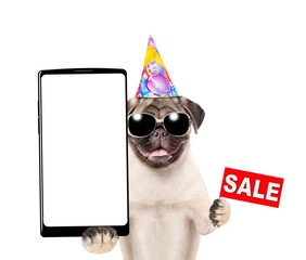 Cute Pug puppy wearing sunglasses and party cap holds big smartphone with white blank screen in it paw, and showing signboard with labeled "sale". isolated on white background