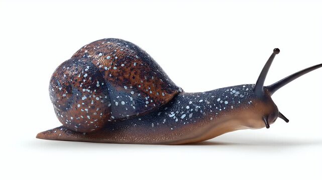 A beautiful snail with a patterned shell on a white background.