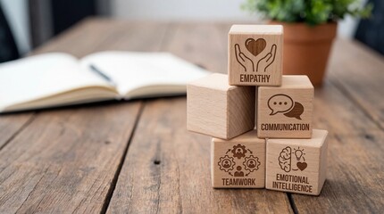 Wooden blocks with empathy communicate teamwork and positive attitude