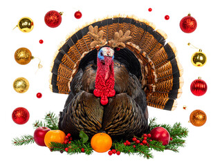 Turkey with Antlers and Scattered Holiday Decorations, Slight Top-Down View, Isolated on Transparent Background