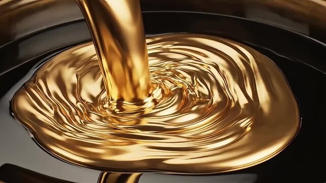 Viscous golden liquid pouring into dark fluid creating ripples.