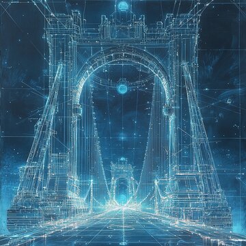 Blueprint Style Digital Bridge with Blue Grid Lines Image
