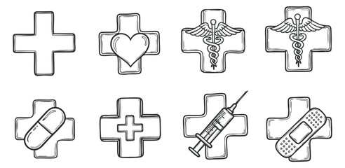 A collection of medical symbols including crosses, a heart, a syringe, and bandages in clean outline vector style, suitable for healthcare branding and educational materials