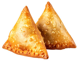 Two Samosas Slightly Overlapping, Angled Side View, Isolated on Transparent Background