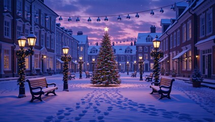 People walk along a narrow, snowy stone alley in an old European city at night, passing historic Italian architecture and a festive Christmas tree glowing near the urban buildings