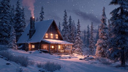 At dusk, a cozy traditional wooden cabin sits in a tranquil winter pine forest, completely covered in a thick blanket of fresh snow, with a dramatic starry night sky above.