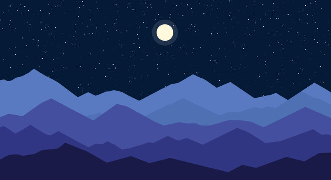 Enchanting Nightscape: Layered Mountain Silhouette Under Starry Sky and Full Moon