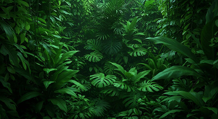 Obraz premium Lush green foliage creates a dense and vibrant jungle scene, with various tropical plants and leaves overlapping to form a rich, natural tapestry, evoking a sense of tranquility and immersion in natur