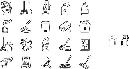 Cleaning and housekeeping icon set featuring cleaning tools, detergents, laundry care, sanitation equipment and household hygiene outline vectors © MdKutubur