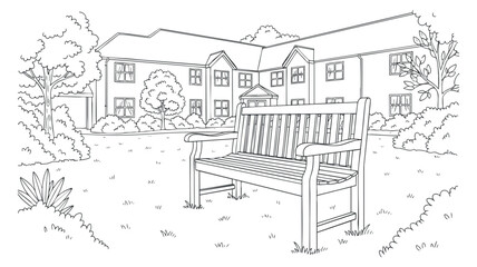 Fototapeta premium A garden bench in a serene outdoor park setting with trees and buildings in a minimalist line art style, suitable for landscaping projects