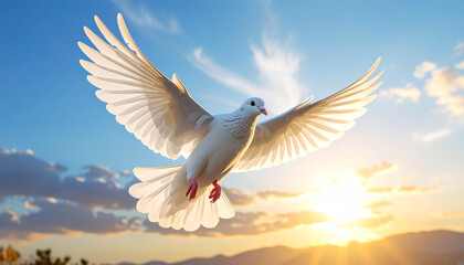 Fototapeta premium Dove in Flight at Sunset: A pure white dove soars gracefully against the stunning canvas of a sunset sky, symbolizing hope and peace in a breathtaking scene.