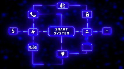 Smart System Network Diagram with Neon Blue Connections and Icons Keywords: smart system, network diagram, flowchart, connections, icons, digital, futuristic, innovation, communication, security