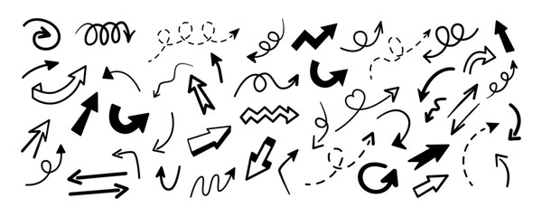 Hand drawn arrows vector set in doodle style. Black sketch arrows, curved, dashed and spiral shapes for navigation, infographic, presentation and graphic design, isolated on white background.