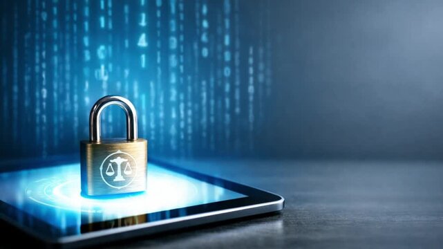 law restriction policy concept. Secure digital lock on a tablet with binary code background.