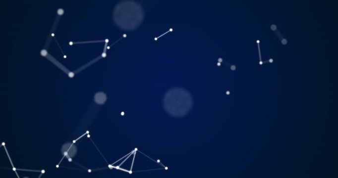 Movable interlaces of dots and lines dance in a cosmic rhythm on a dark blue background. Their smooth movement creates a sense of depth and digital harmony. Looping seamless animation.