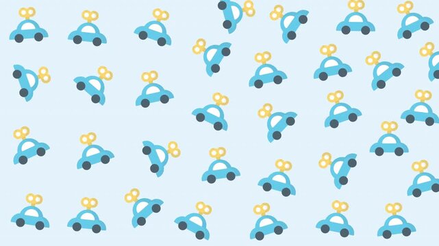 Pattern of blue and yellow toy cars on white background, flat lay, graphic design, playful concept, seamless repetition, top view