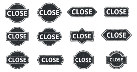 A collection of various 'Close' labels and buttons in vintage black and white vector style, ideal for UI design and signage