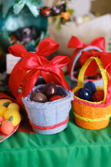 Colorful Easter baskets filled with decorative eggs, adorned with vibrant ribbons, showcasing a festive atmosphere perfect for children's crafts and holiday celebrations
