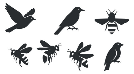 Fototapeta premium A collection of birds and bees silhouettes in black minimalist vector style, suitable for nature-themed design projects