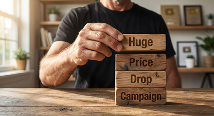 Close-up of a person stacking wooden blocks with text about marketing campaign and price drop