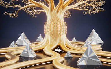 Golden Tree with Crystal Pyramids Roots isolated on a transparent background