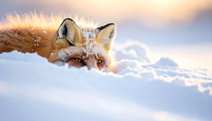 Winter Whispers: A sly red fox, half-submerged in a serene expanse of snow, its gaze piercing through the frosty landscape, bathed in the soft glow of the sun. 