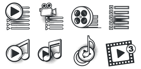 A collection of music and video icons including play buttons, film reels, and notes in black and white vector style, suitable for media applications