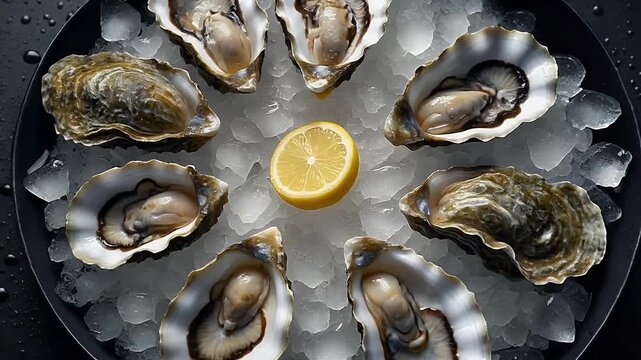 Fresh oysters arranged in a circular pattern on crushed ice, garnished with lemon wedges, showcasing seafood presentation and culinary elegance.