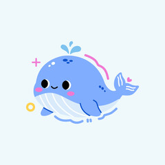 Cute Cartoon baby whale Vector illustration hand drawn