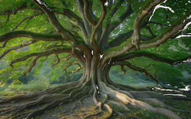 Ancient tree with sprawling roots and lush green foliage isolated on a transparent background